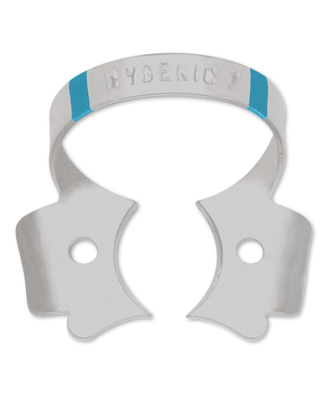 Coltene - Hygenic Fiesta Color Coded Clamps. #7 (light blue) winged metal dam clamp. Flat