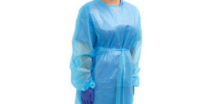 Plasdent - Premium Barrier Gown, Blue, Tie Back, Knit Cuff Sleeve, One Size Fits 10/Pk