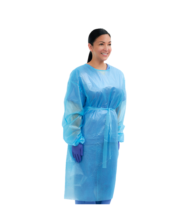 Plasdent - Premium Barrier Gown, Blue, Tie Back, Knit Cuff Sleeve, One Size Fits 10/Pk