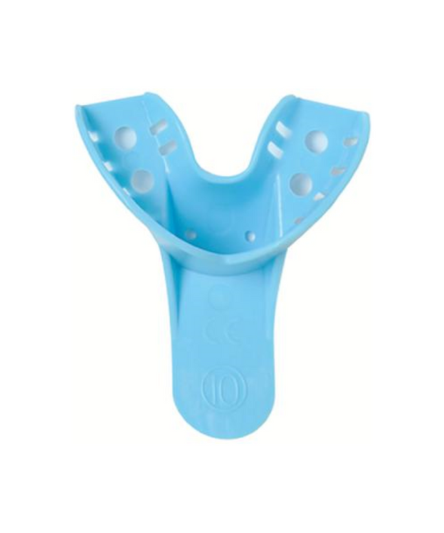 Defend - #10 Anterior Lower Perforated Plastic Impression Trays, Blue. Bag of 12