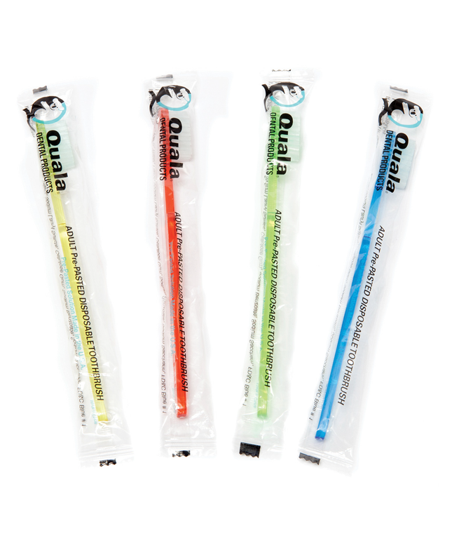 Quala - Pre-Pasted Disposable Toothbrush, 39 Tufts, Four Color Assortment, 144/cs