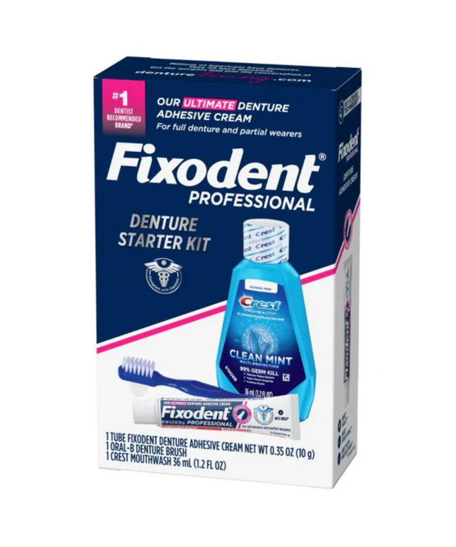 P&G - Fixodent Professional Denture Starter Kit. Contains Fixodent Prof. Denture Adhesive (0.35oz); Oral-B Denture Brush; Crest PRO-HEALTH Multi-Protection Clean Mint Mouthwash (36mL); Patient brochure with high-value coupons. 24/CS.