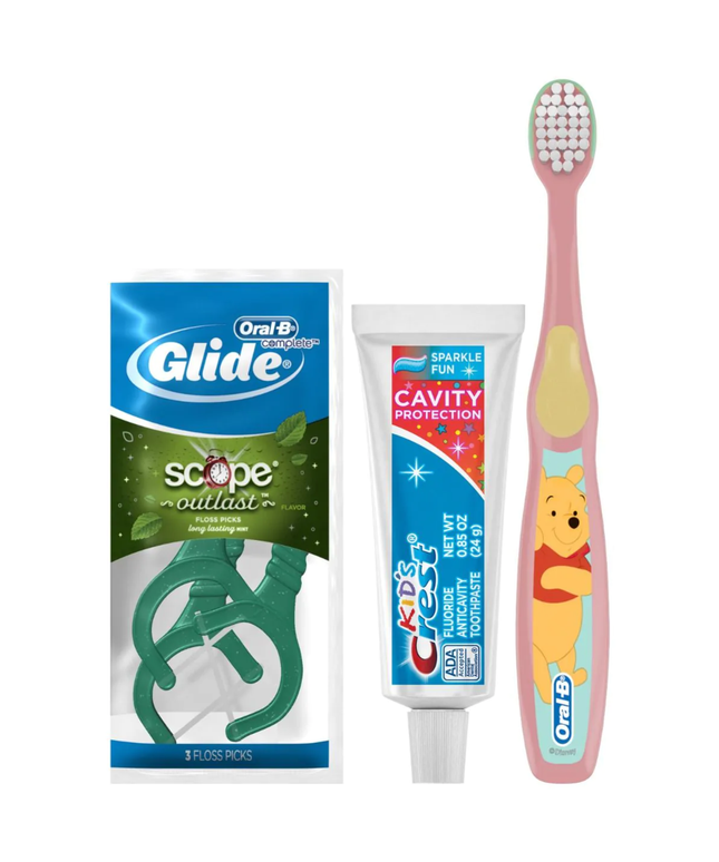 P&G - Oral-B Kids Toothbrush in Pooh character graphics; Kids Crest Cavity Protection Sparkle Fun flavor Toothpaste (.85 oz); Oral-B Glide Plus Scope Outlast Floss Picks, (3-pack Sachet); FREE Patient Sample Bags. 72 Bundles/CS (Old part # 80338956)