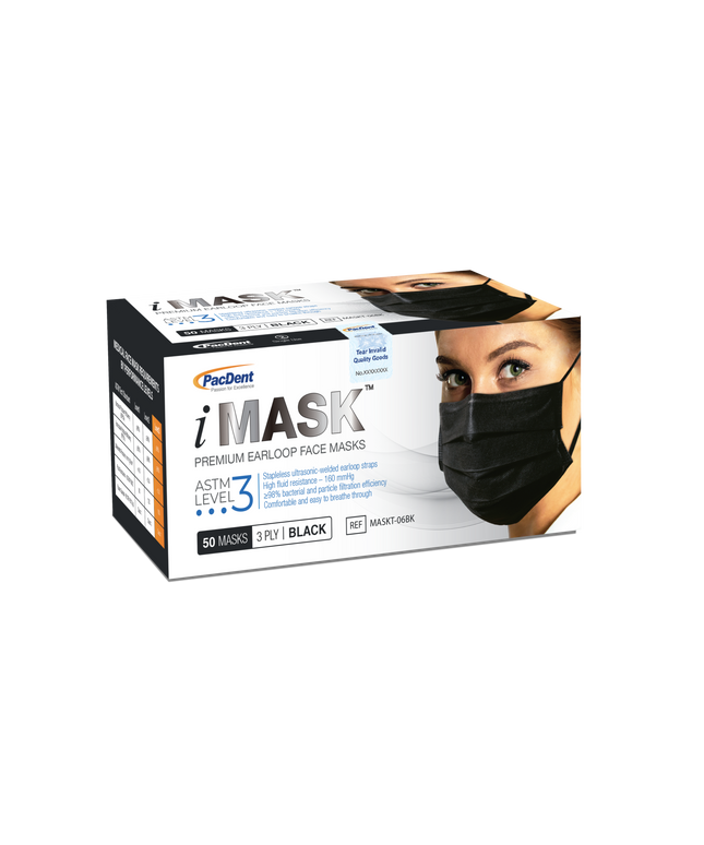 Pac-Dent - iMask Premium Ear-Loop Masks ASTM Level 3, Black, 50/Box