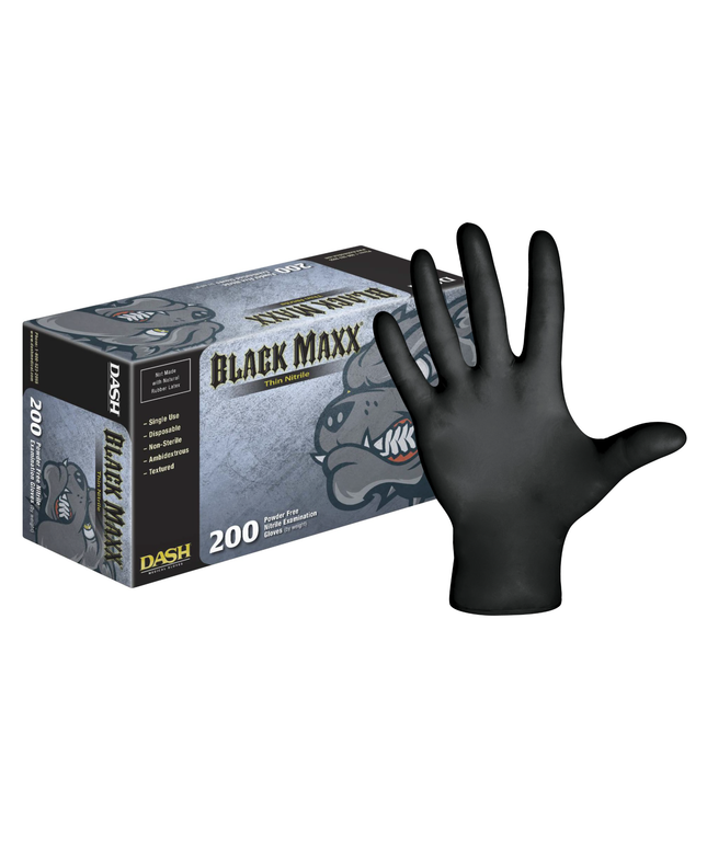 Dash - Black Maxx Nitrile Exam Gloves, Thin, Powder-Free, Small, 200/Box