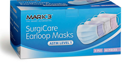 Mark3 - SurgiCare Blue Earloop Face Masks Level 1 3ply 50/bx.