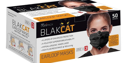Dukal - BlakCat Face Mask, Earloop, 4-Layer, 4-Fold, ASTM Level 3, 50/bx,