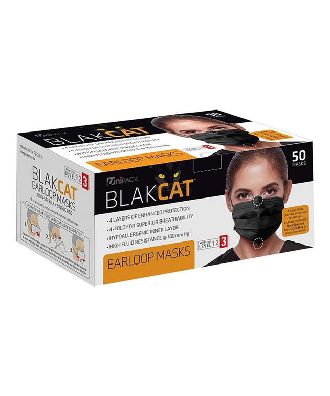 Dukal - BlakCat Face Mask, Earloop, 4-Layer, 4-Fold, ASTM Level 3, 50/bx,
