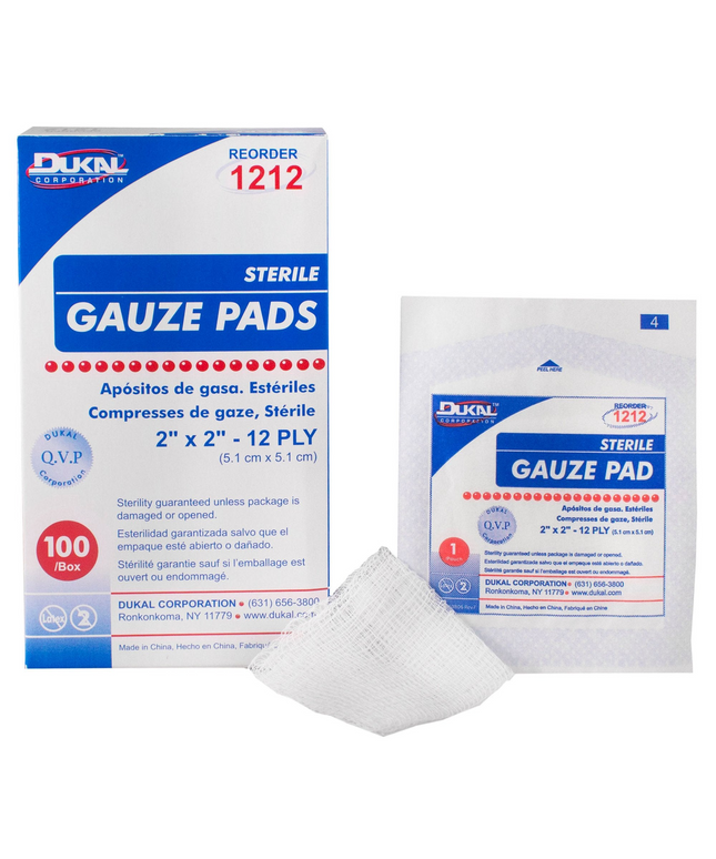 Dukal - Gauze Pad, 2" x 2", 12-Ply, Sterile, 100/bx,