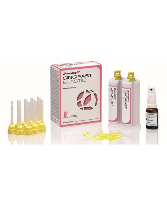 Gingifast Elastic - Silicone Removable Gingival Mask: 2 - 50 mL Cartridges, 12 Mixing tips, 12 Oral tips and 10 mL Separator.