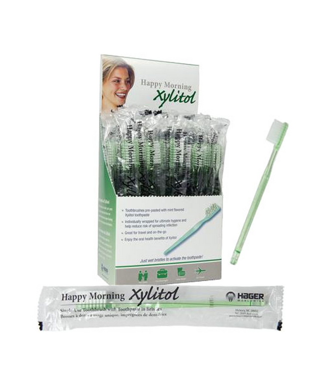 Happy Morning Xylitol Disposable Toothbrushes Impregnated With Mint Toothpaste 50/box