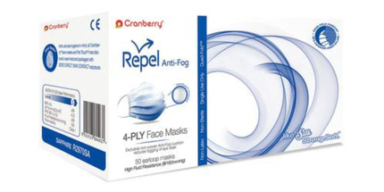 Cranberry - Repel 4-Ply Premium Anti-Fog Face Mask 50/Bx Pearl Silver ASTM 3