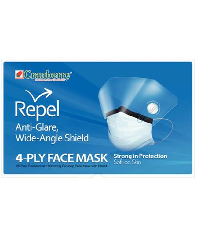 Repel 4-Ply Premium Face Mask w/Shield 25/Bx Pearl Silver ASTM 3
